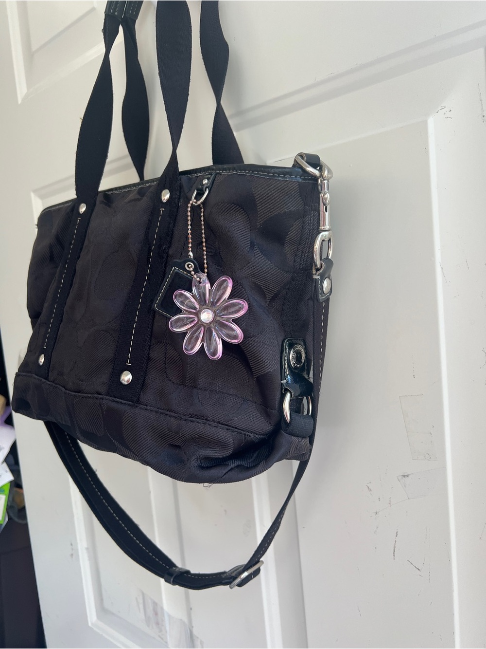 Coach Black Signature Tote with Purple Flower Charm - Picture 11 of 16